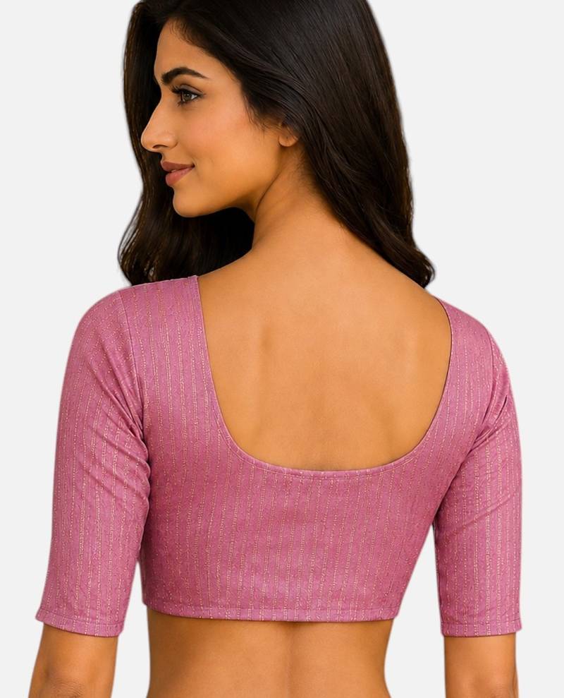 Baby pink spandex golden zari straight line stretchable readymade saree blouse