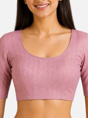 Baby pink spandex golden zari straight line stretchable readymade saree blouse 5