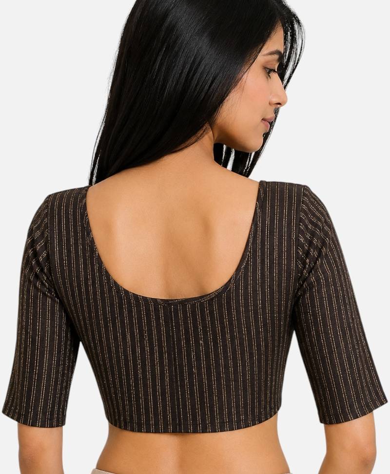 Brown spandex golden zari straight line stretchable readymade saree blouse