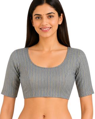 Grey spandex golden zari straight line stretchable readymade saree blouse 1