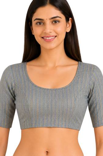 Grey spandex golden zari straight line stretchable readymade saree blouse