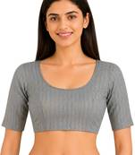 Grey spandex golden zari straight line stretchable readymade saree blouse