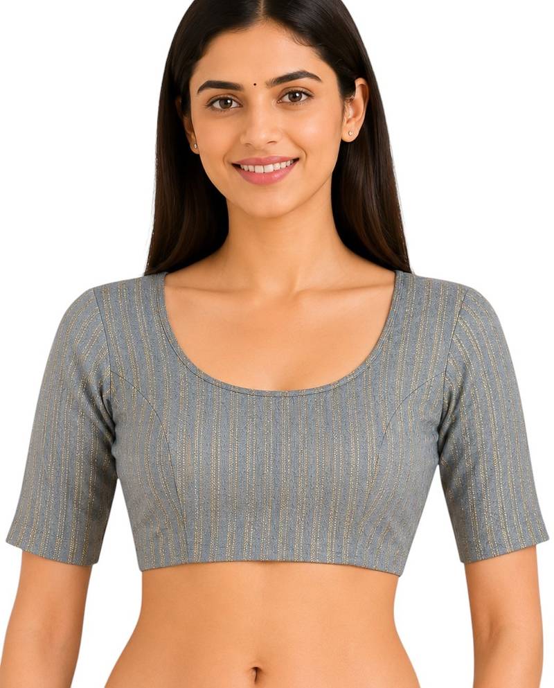 Grey spandex golden zari straight line stretchable readymade saree blouse