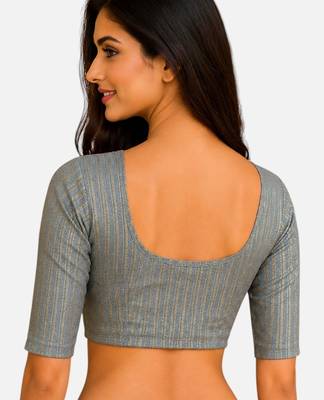 Grey spandex golden zari straight line stretchable readymade saree blouse 2