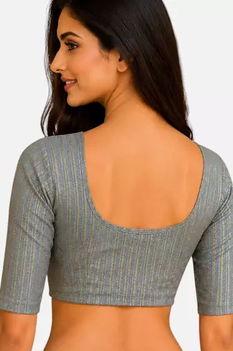 Grey spandex golden zari straight line stretchable readymade saree blouse