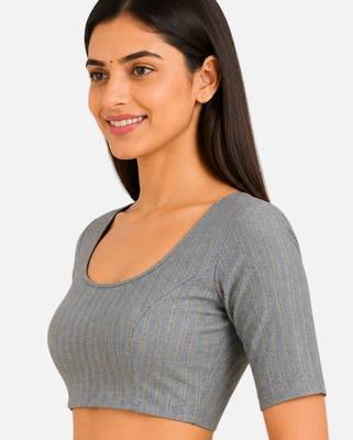 Grey spandex golden zari straight line stretchable readymade saree blouse 3