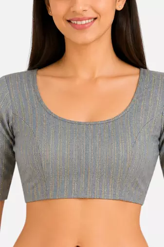 Grey spandex golden zari straight line stretchable readymade saree blouse