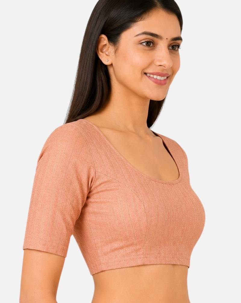Peach spandex golden zari straight line stretchable readymade saree blouse