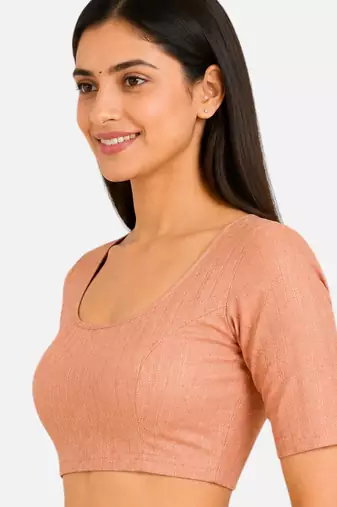 Peach spandex golden zari straight line stretchable readymade saree blouse