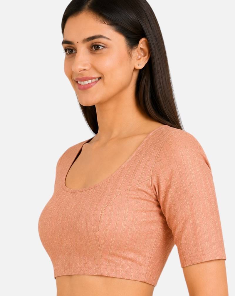 Peach spandex golden zari straight line stretchable readymade saree blouse