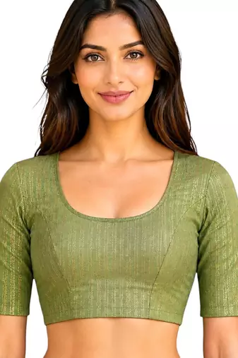 Pista green spandex golden zari straight line stretchable readymade saree blouse