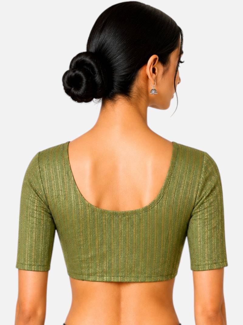 Pista green spandex golden zari straight line stretchable readymade saree blouse