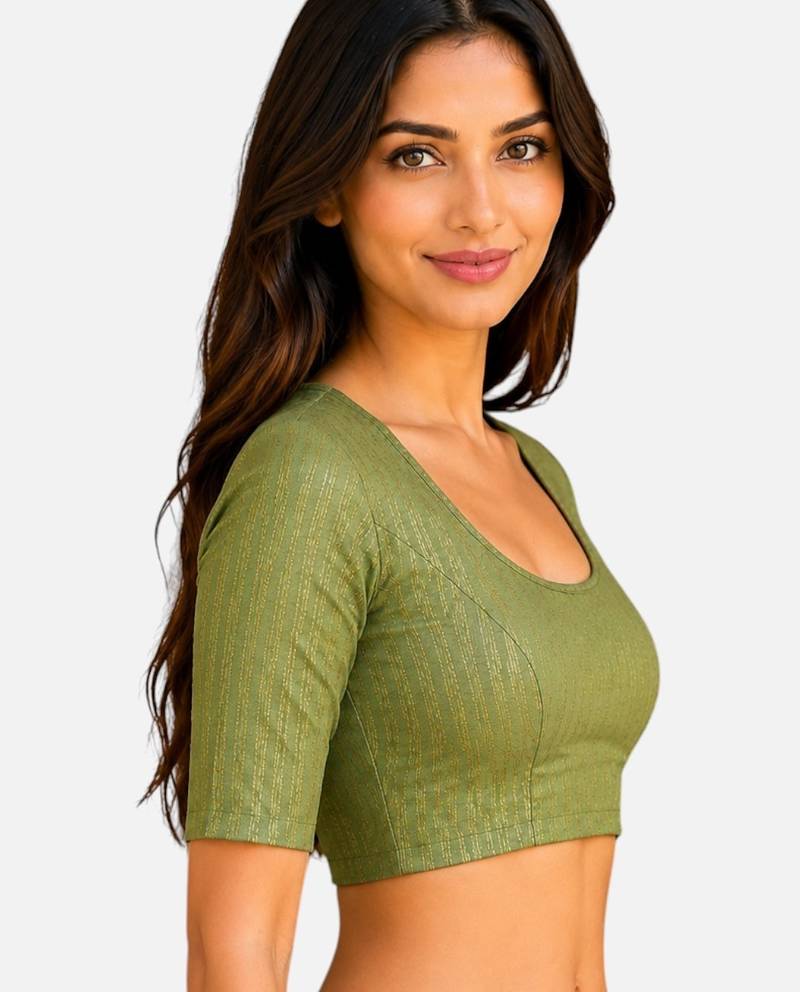 Pista green spandex golden zari straight line stretchable readymade saree blouse