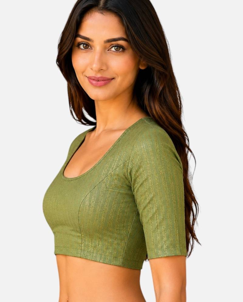 Pista green spandex golden zari straight line stretchable readymade saree blouse