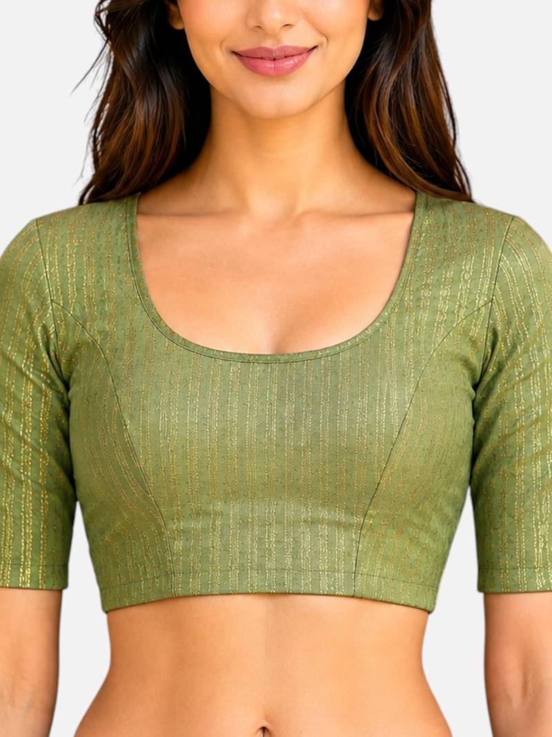Pista green spandex golden zari straight line stretchable readymade saree blouse