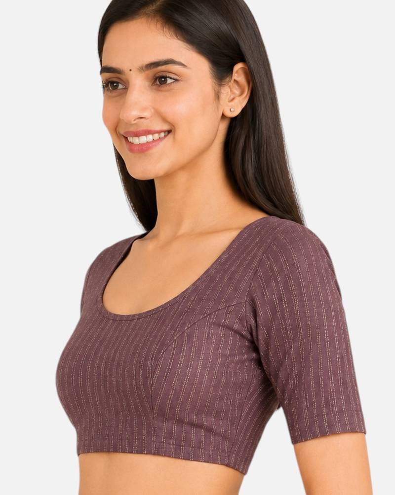 Wine spandex golden zari straight line stretchable readymade saree blouse