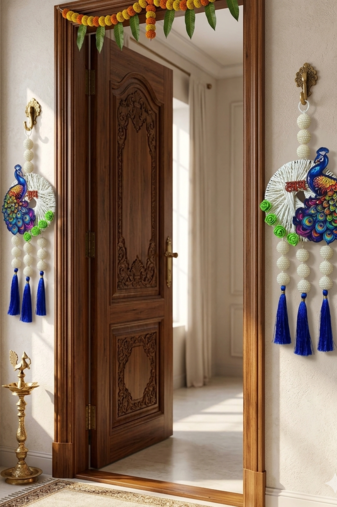 handmade decorative traditional hanging  multicolour pom-pom toran for home decor (pack of 2)