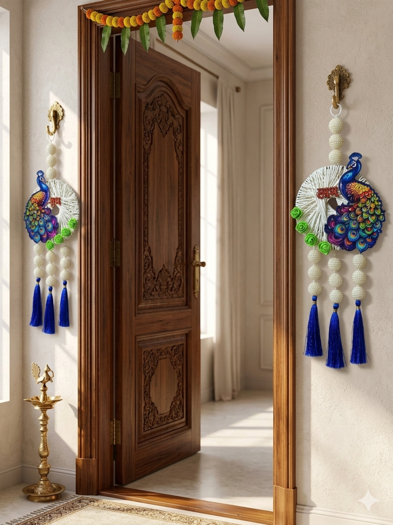 handmade decorative traditional hanging  multicolour pom-pom toran for home decor (pack of 2)
