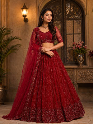 red color Zari Embroidery Sequins work Crystal Beads Handwork net Lehenga choli set 1