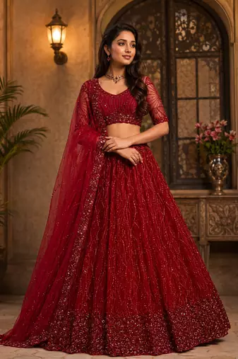 red color Zari Embroidery Sequins work Crystal Beads Handwork net Lehenga choli set