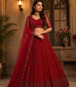 red color Zari Embroidery Sequins work Crystal Beads Handwork net Lehenga choli set