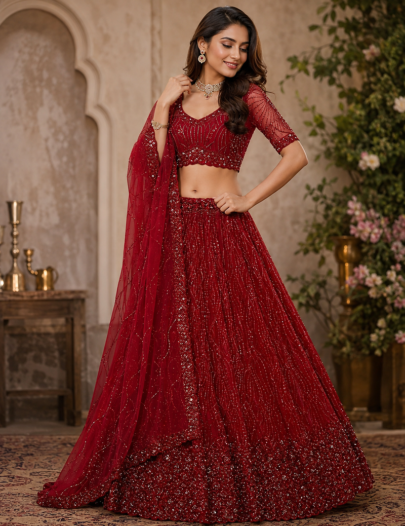 red color Zari Embroidery Sequins work Crystal Beads Handwork net Lehenga choli set