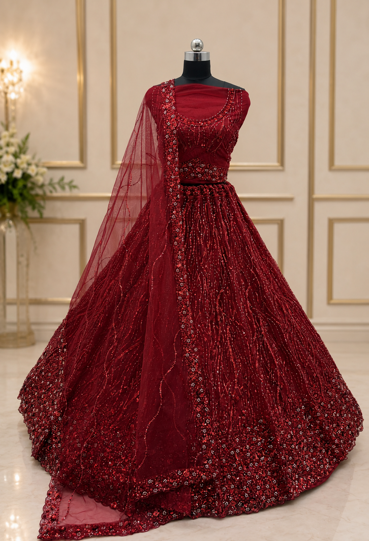 red color Zari Embroidery Sequins work Crystal Beads Handwork net Lehenga choli set
