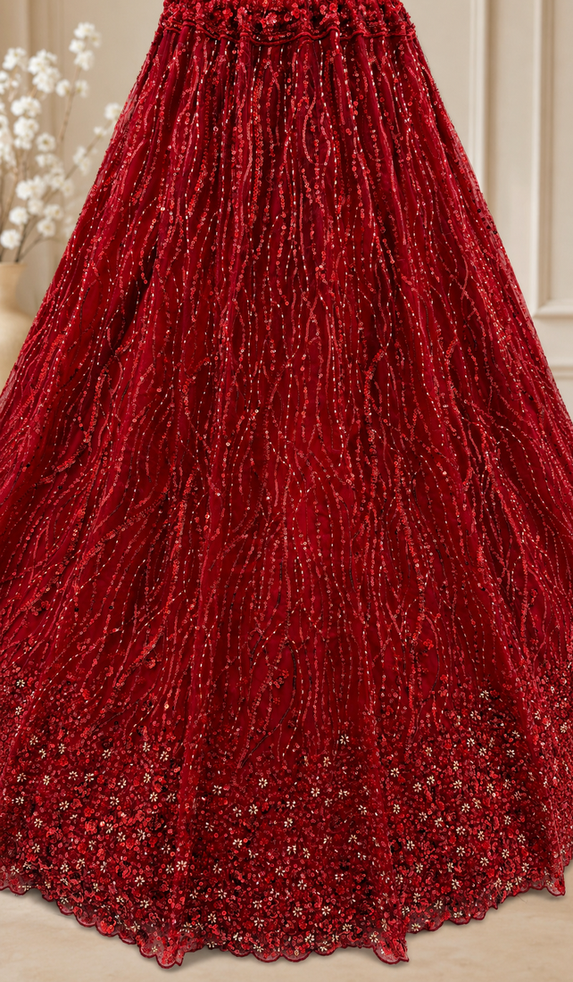 red color Zari Embroidery Sequins work Crystal Beads Handwork net Lehenga choli set