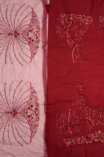 red color Zari Embroidery Sequins work Crystal Beads Handwork net Lehenga choli set