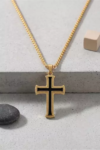 Brass gold black enamelled cross pendant