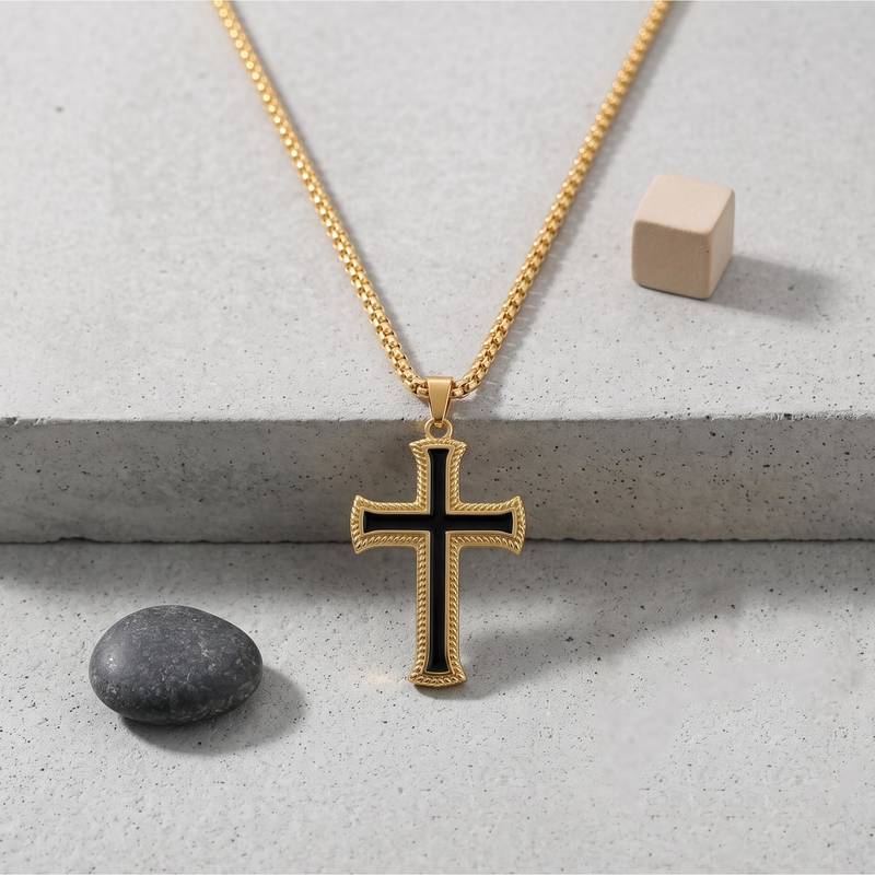 Brass gold black enamelled cross pendant