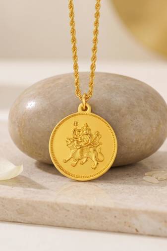 Brass gold durga with durga yantra, reversible hindu pendant for men women