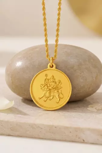 Brass gold durga with durga yantra, reversible hindu pendant for men women