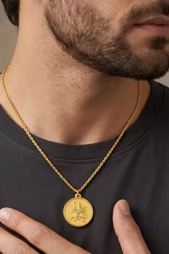 Brass gold durga with durga yantra, reversible hindu pendant for men women