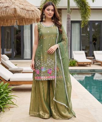 Olive satin embroidered straight kurti set for women with sharara and dupatta 1