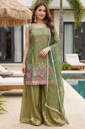 Olive satin embroidered straight kurti set for women with sharara and dupatta