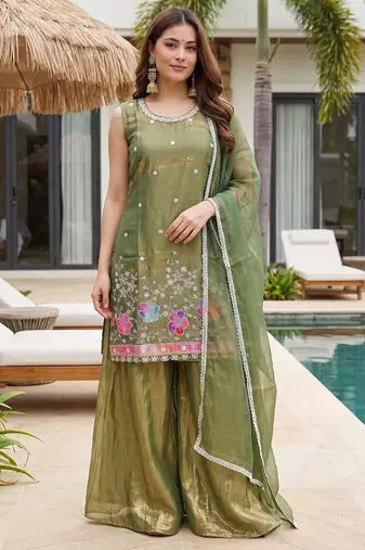 Olive satin embroidered straight kurti set for women with sharara and dupatta