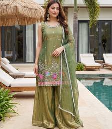 Olive satin embroidered straight kurti set for women with sharara and dupatta