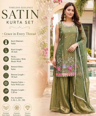 Olive satin embroidered straight kurti set for women with sharara and dupatta 2