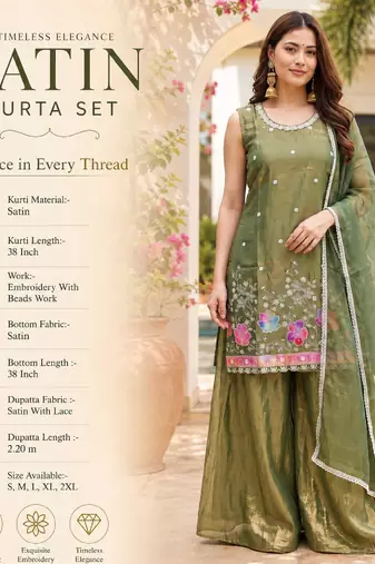 Olive satin embroidered straight kurti set for women with sharara and dupatta