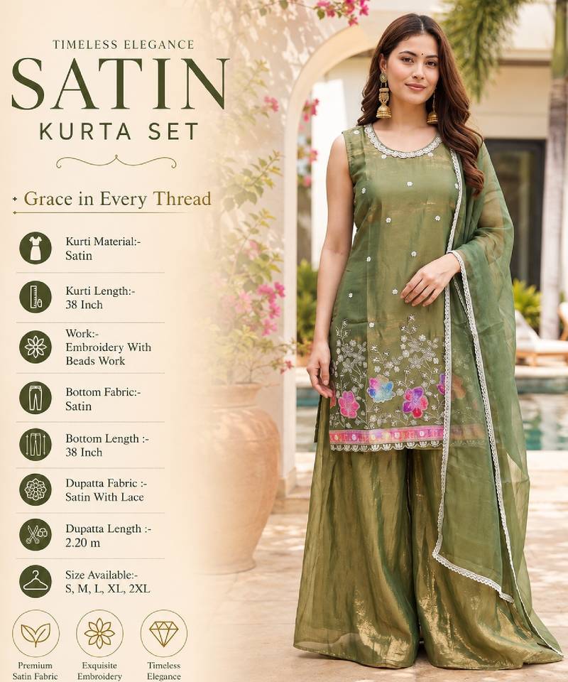 Olive satin embroidered straight kurti set for women with sharara and dupatta
