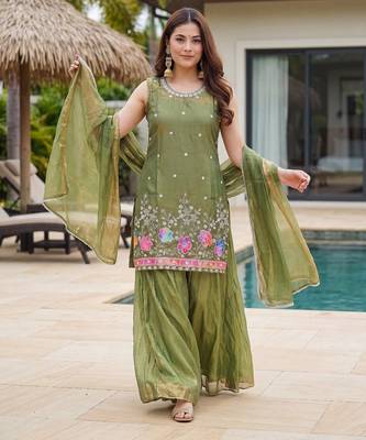 Olive satin embroidered straight kurti set for women with sharara and dupatta 3
