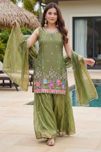 Olive satin embroidered straight kurti set for women with sharara and dupatta