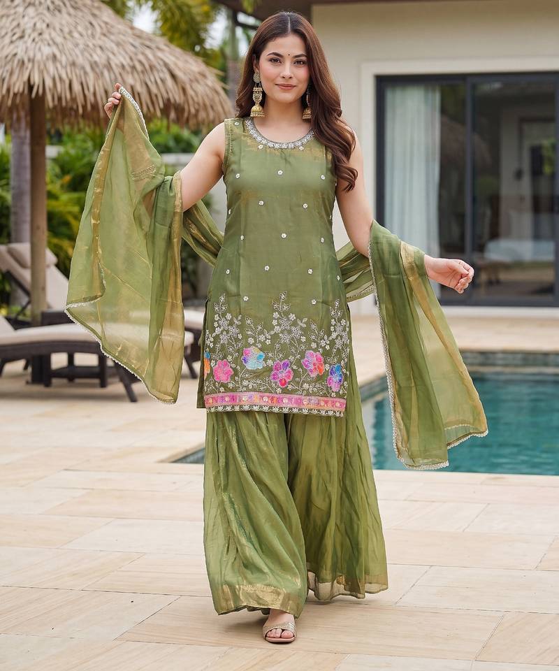 Olive satin embroidered straight kurti set for women with sharara and dupatta