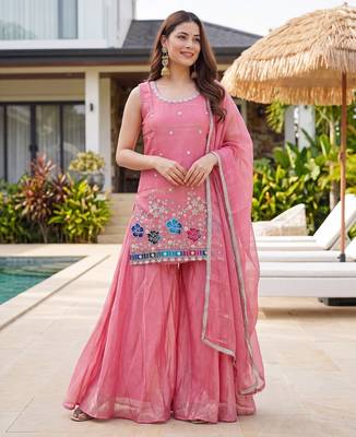 Light pink satin embroidered straight kurti set for women with sharara and dupatta 1