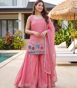 Light pink satin embroidered straight kurti set for women with sharara and dupatta