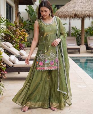 Olive satin embroidered straight kurti set for women with sharara and dupatta 4