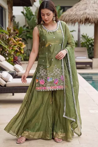 Olive satin embroidered straight kurti set for women with sharara and dupatta