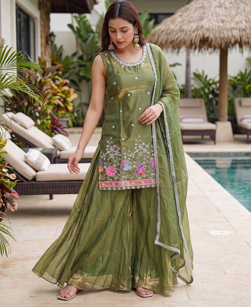 Olive satin embroidered straight kurti set for women with sharara and dupatta