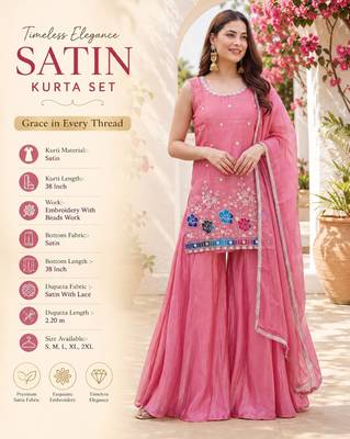 Light pink satin embroidered straight kurti set for women with sharara and dupatta 2